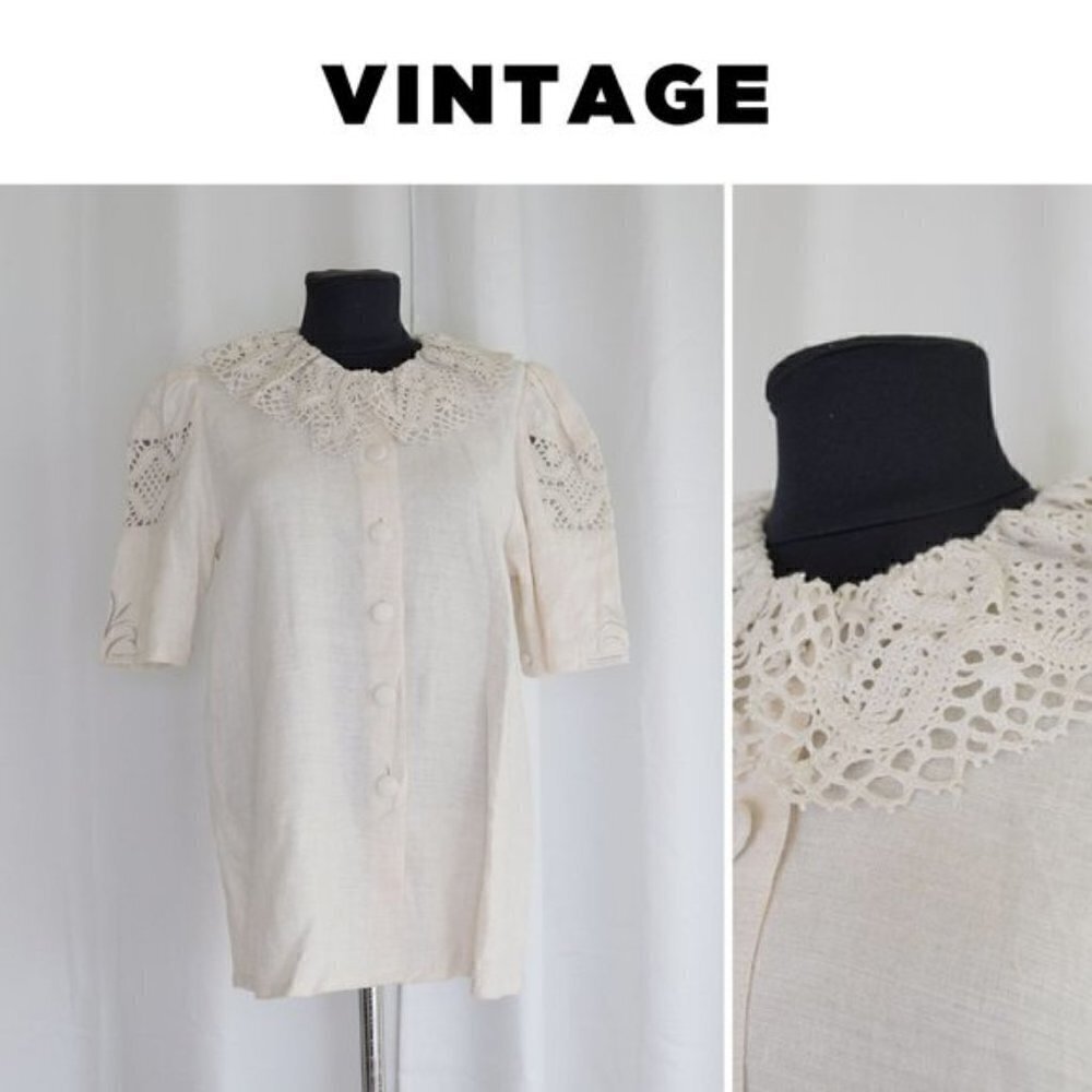 Vintage 1970s Boho Crochet Bib Collar Linen Blouse Sz M